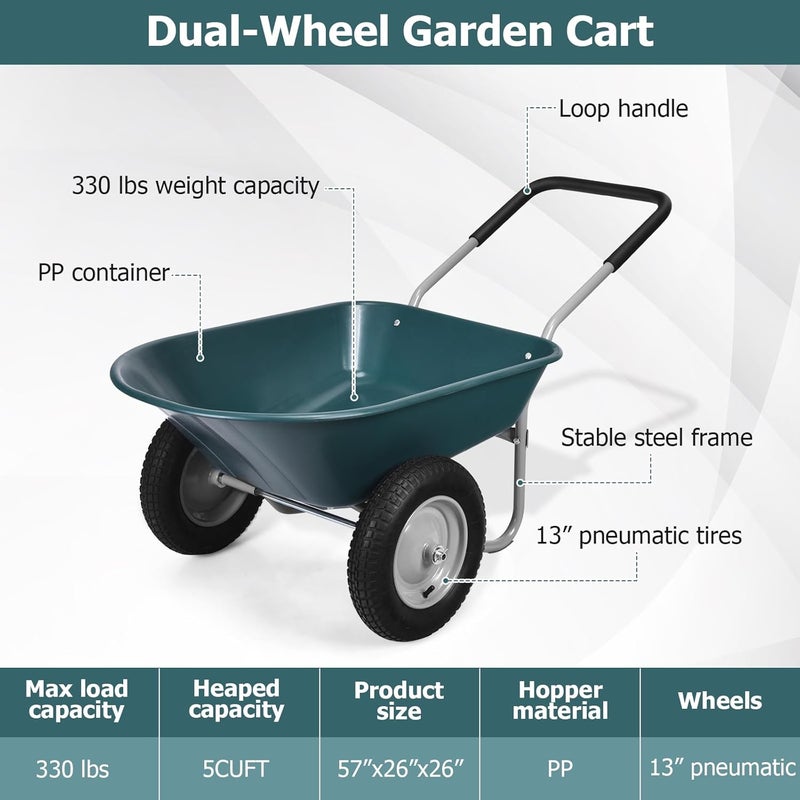 ERGOMASTER Dual-Wheel Wheelbarrow, Home Utility Garden Cart, 330 LBS Capacity, Large Heavy Duty Yard Cart for Gardening & Planting, Lawn, Farm, Construction Site, Green - Image 3